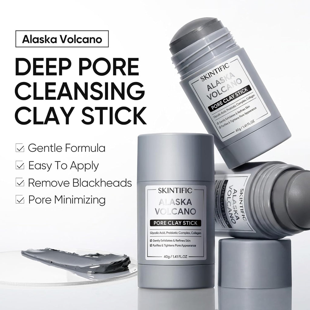 Deep Pore Cleansing Blackhead Remover Face Mask Stick, Mud Mask with Natural Alaska Volcano Clay, Gentle Exfoliating, Smoothing Skin, Non-Drying, Skincare Facial Mask